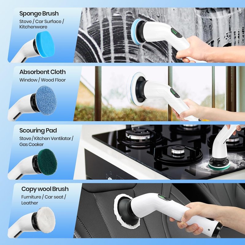 Electric Spin Scrubber - IPX7 Waterproof Cordless Shower Cleaner with 8 Heads & Extendable Handle | 2 Speeds, 2-Hour Runtime