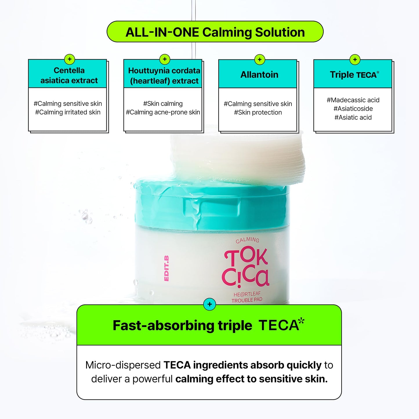 EDIT.B Calming Tok Cica Heartleaf Trouble Pads, Cooling & Hydrating Facial Toner Pads for Sensitive Skin, Mild Exfoliating & Soothing, Easy-Split for Multi-Use, Daily Korean Skin Care (70 Sheets)