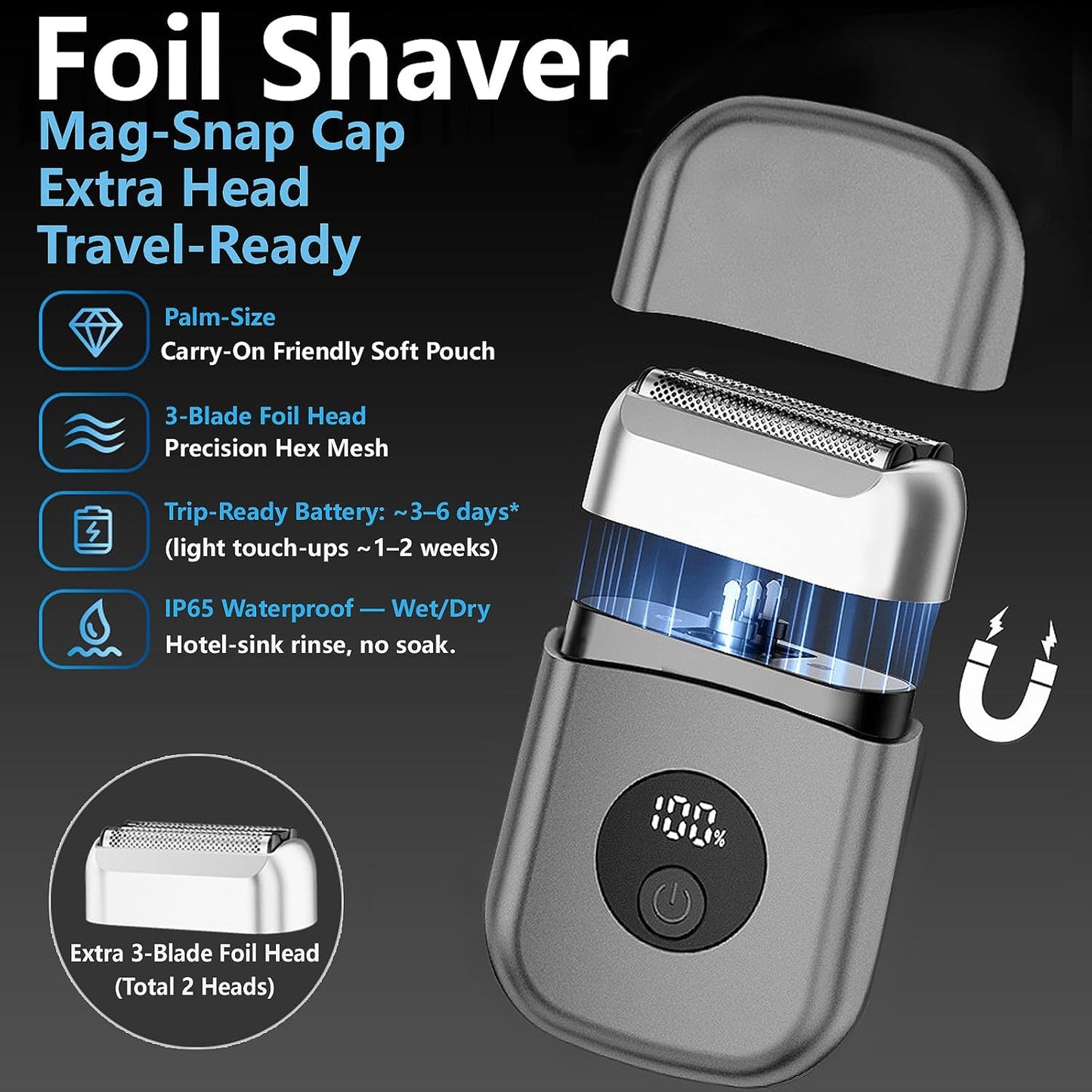 Electric Foil Shaver for Men - IPX6 Waterproof, Mini Wet/Dry, USB-C Fast Charge | Close Shave, Travel Case Included