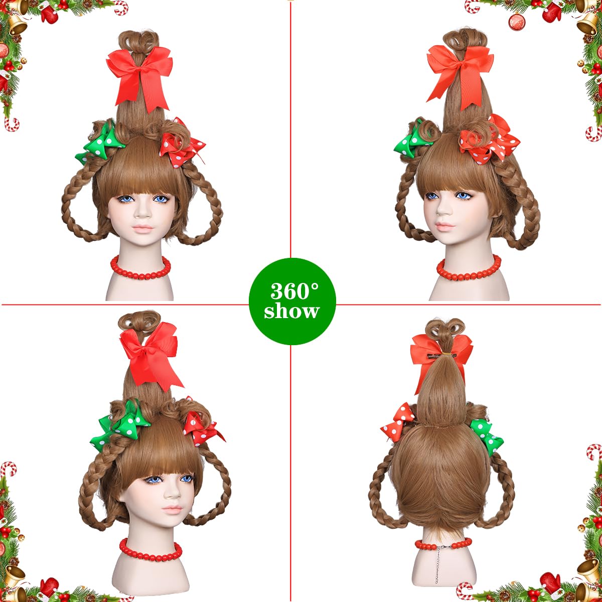 ColorGround Children's BLonde Braided Costume Wig with Red and Green Polka Dot Bows and Red Bead Necklace for Christmas Celebration Party(Blonde)