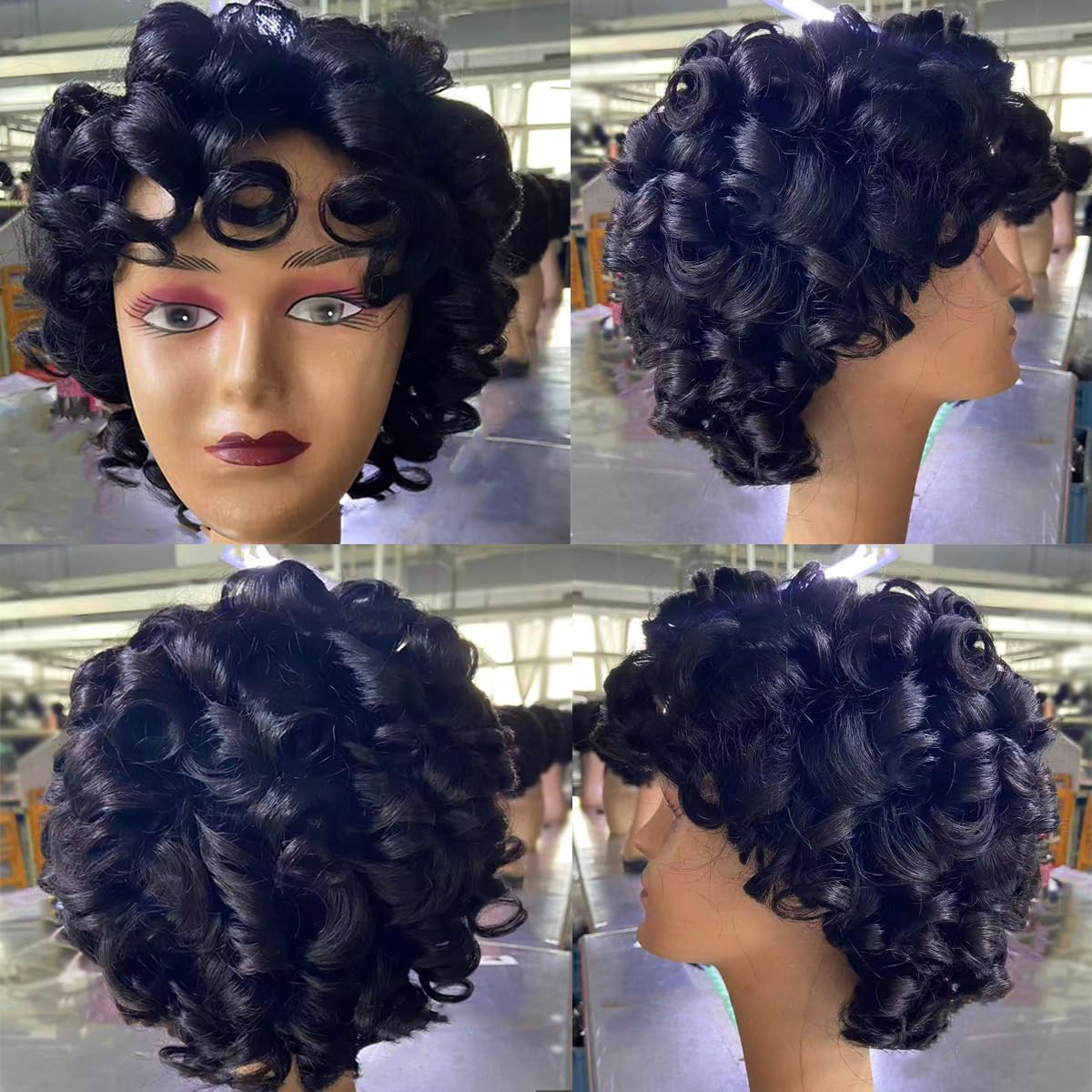 PECWU Short Curly Wigs With Bangs 100 percent Human Hair for Black Women Glueless Pelucas De Mujer Pelo Humano Funmi Curly Bob Human Hair Wig Natural Loose Wig Afro Curly Wig Bouncy Wig 10"
