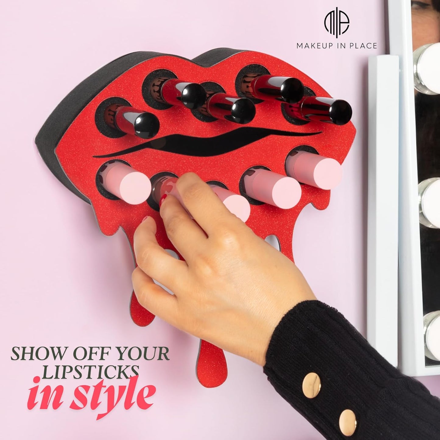 Fearless Lipstick Organizer - Acrylic Wall-Mounted Makeup Holder for Women | Holds 10 Lipsticks (Red Shimmer)