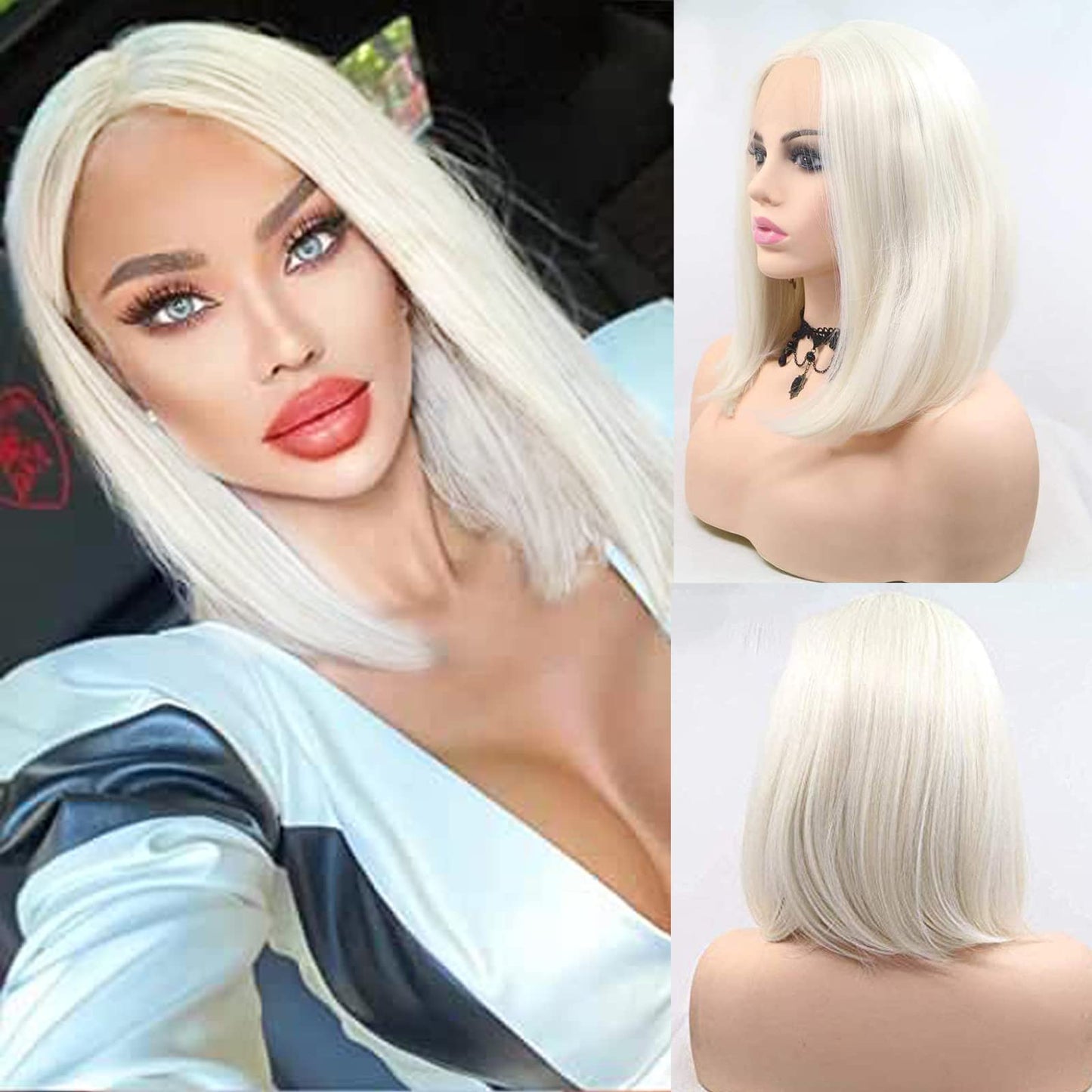 Platinum Blonde Wig Short Lace Front Bob Wigs for Black Women Realistic White Straight Shoulder Length Pre Plucked Natural Hairline Glueless Synthetic Heat Resistant Fiber Hair 14Inch Lace Wig