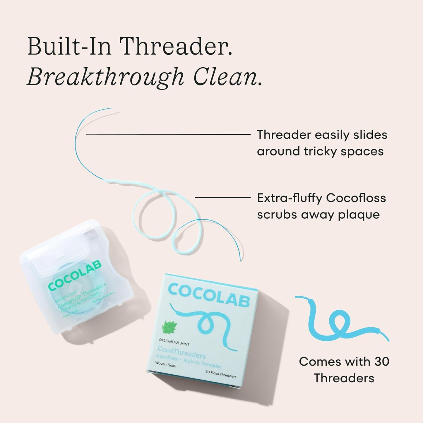 CocoPlush Floss Threaders - Expanding Woven Floss with Built-in Threader for Braces & Implants | Mint Scent, 30 Count