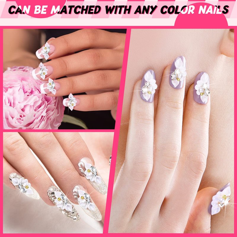 Tinlade 50 Pcs White Flower Nail Charms 3D Acrylic Flower Beads for Nail Gems and Rhinestones with Pearl Beads Crystals Blossom Art Accessories for Women DIY