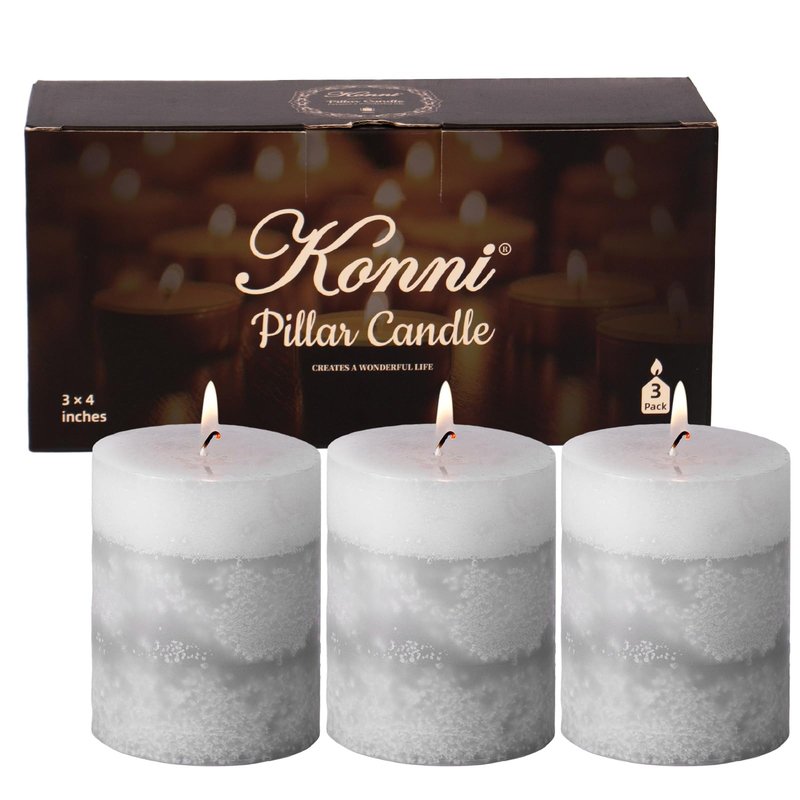 KONNI Gray Layered Pillar Candles Set of 3, 3"x 4" Unscented Pillar Candles Bulk, 39 Hours Long Burning Candles, Smokeless & Dripless Round Candle for Wedding, Home Decoration, Party, Spa, Dinner