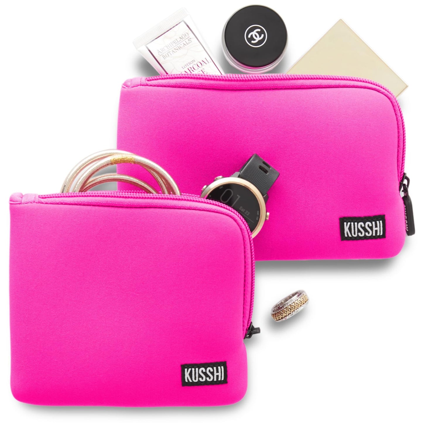 KUSSHI 2pc Neoprene On-The-Go Pouch Set - Passport Holder and Travel Zipper Makeup Pouch for Purse - Small Purse Pouch for Organization, Electronics, Glasses & Valuables (Pink)