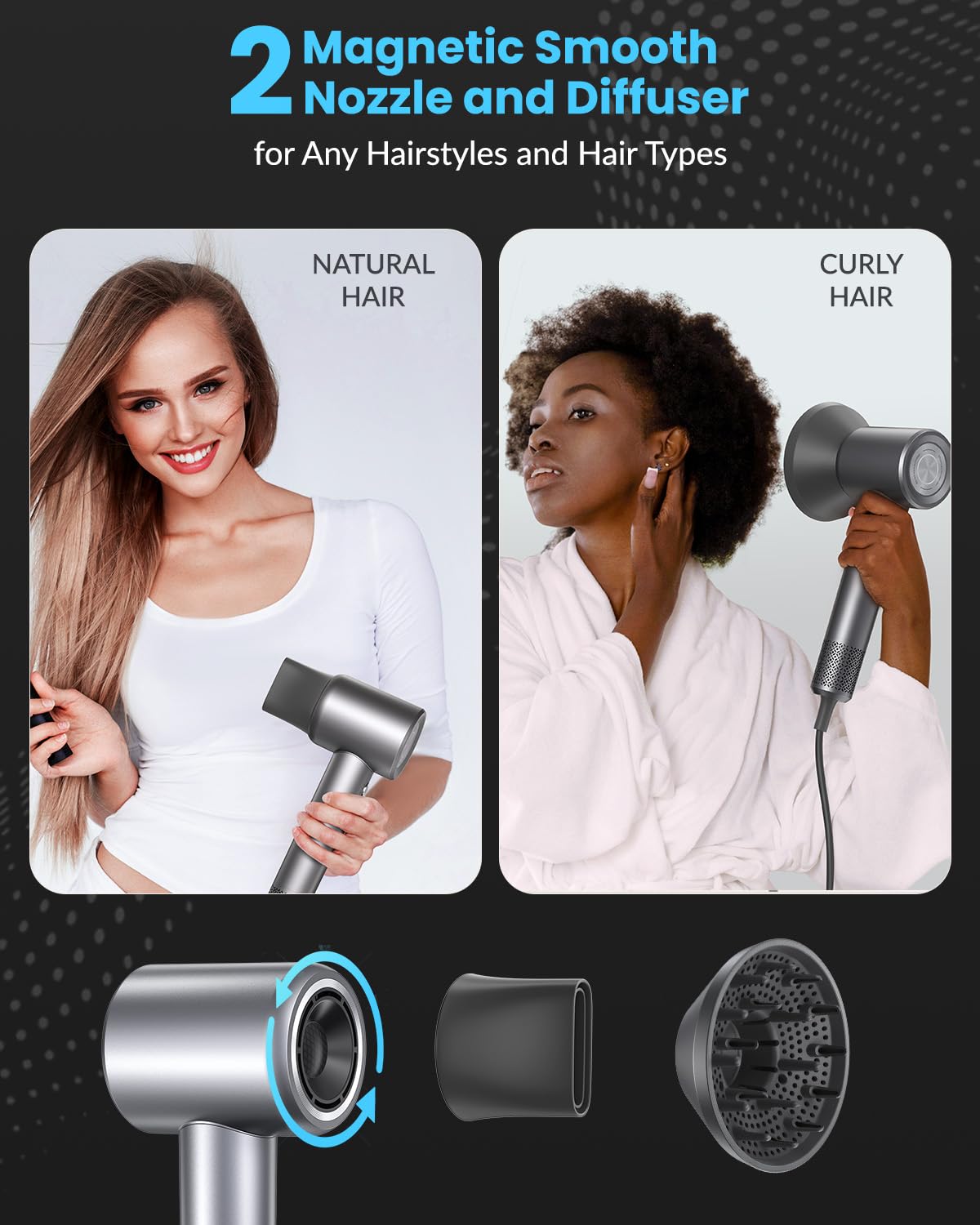 Hair Dryer, 110000 RPM Professional Ionic Blow Dryer with Brushless Motor for Fast Drying, Thermo-Control Quiet Compact Hair Blow Dryer with Magnetic Diffuser for Curly Hair for Home Travel Salon