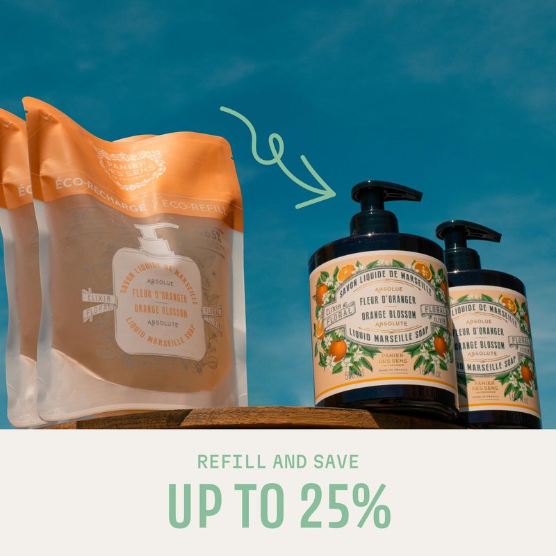 Panier des Sens Hand Soap Refill – Eco Value Pack, 8 Scents Available – Savon de Marseille Liquid Soap Refills – Hand Wash for Bathroom & Kitchen – Orange Blossom, 97% Natural, 2x16.9 Fl Oz