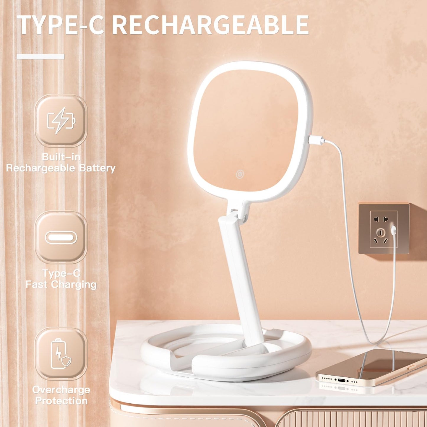Beautifive 6.3" Makeup Mirror, 1X/8X Magnification, 3 Light Modes, Plug-in or Battery Operated Double-Sided Lighted Vanity Mirror, Adjustable Height Stand for Home, Women