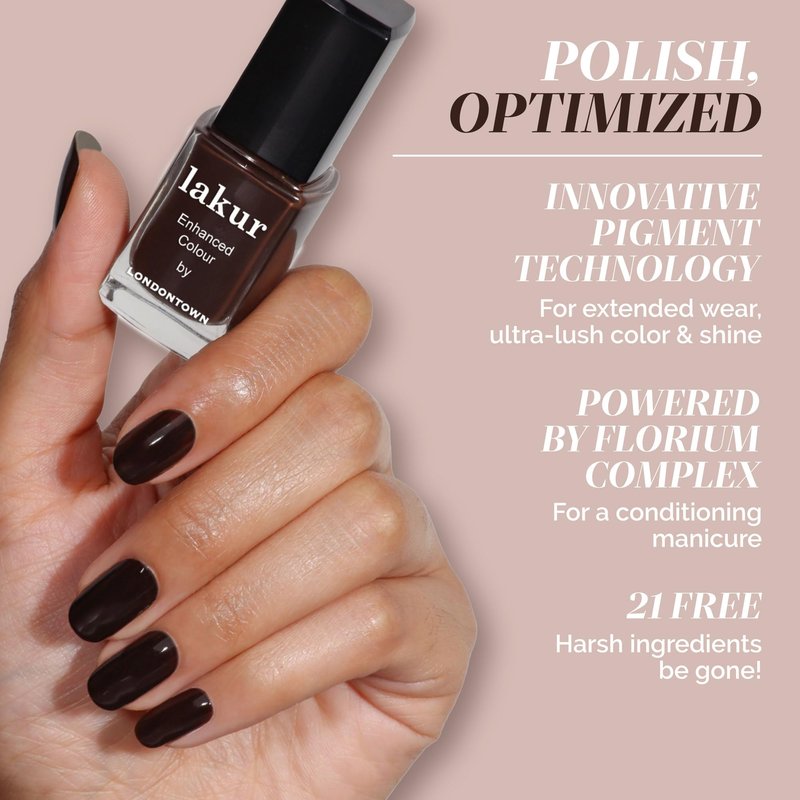LONDONTOWN Lakur Nail Polish – Nude & Brown Shades, Midnight Mocha, 0.4 Fl Oz, Long-Lasting, Streak-Free, Chip-Resistant | 21+ Free Non-Toxic Vegan Nail Color, Strengthens & Hydrates Nails