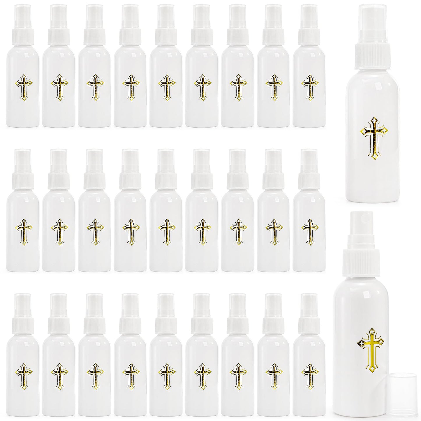 Hiceeden 30 Pcs 60ML Spray Bottles with Gold Cross Pattern, Empty Plastic Catholic Water Container, Portable Water Bottles for Halloween Easter Party, White (2oz)