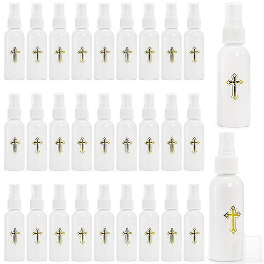 Hiceeden 30 Pcs 60ML Spray Bottles with Gold Cross Pattern, Empty Plastic Catholic Water Container, Portable Water Bottles for Halloween Easter Party, White (2oz)