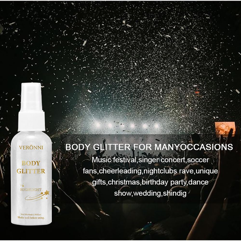 Body Glitter Spray for Face Hair Body, Silver White Body Shimmer Spray Sparkle Powder, Long Lasting and Quick-Drying Highlight Glitter for Stage, Festival, Party and Makeup