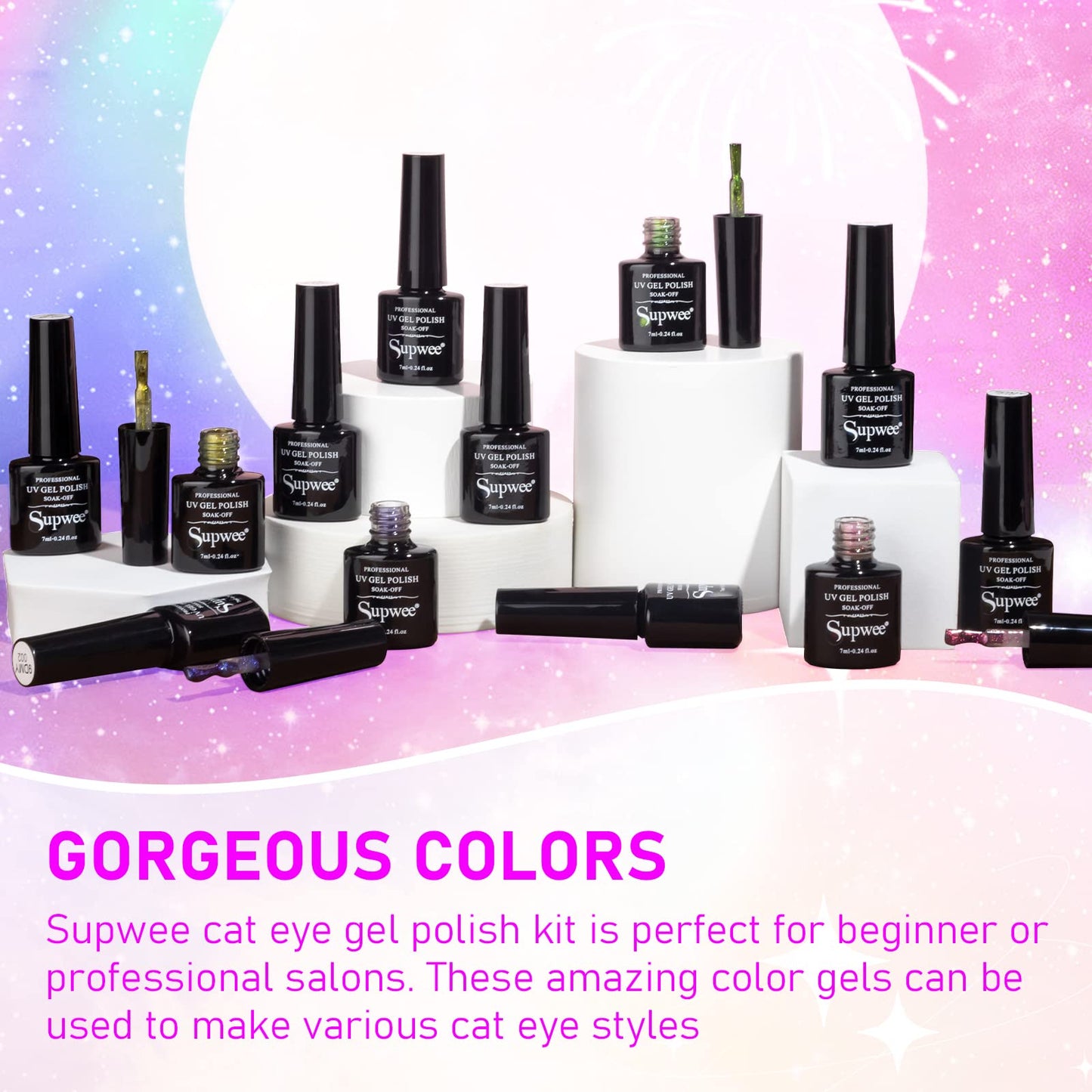 SUPWEE Cat Eye Gel Nail Polish with Magnet 9D Galaxy Cateye Manicure Soak Off UV DIY Salon Home Gift 12 Colors 7ml(0.24fl oz)