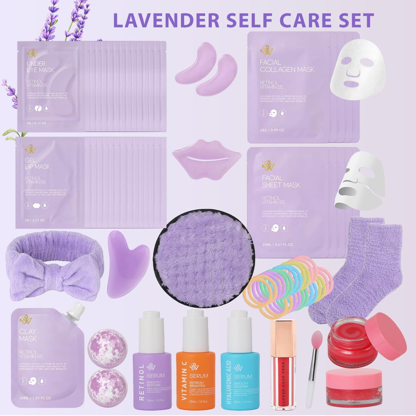 55 Pcs Mothers Day Gift for Mom, Lavender Face Sheet Mask Pack, Hydration Skin Care Kit, Home Spa Gift Basket Set for Women, Hyaluronic Acid Face Serum, Christmas, Birthday, Anniversary, Wife