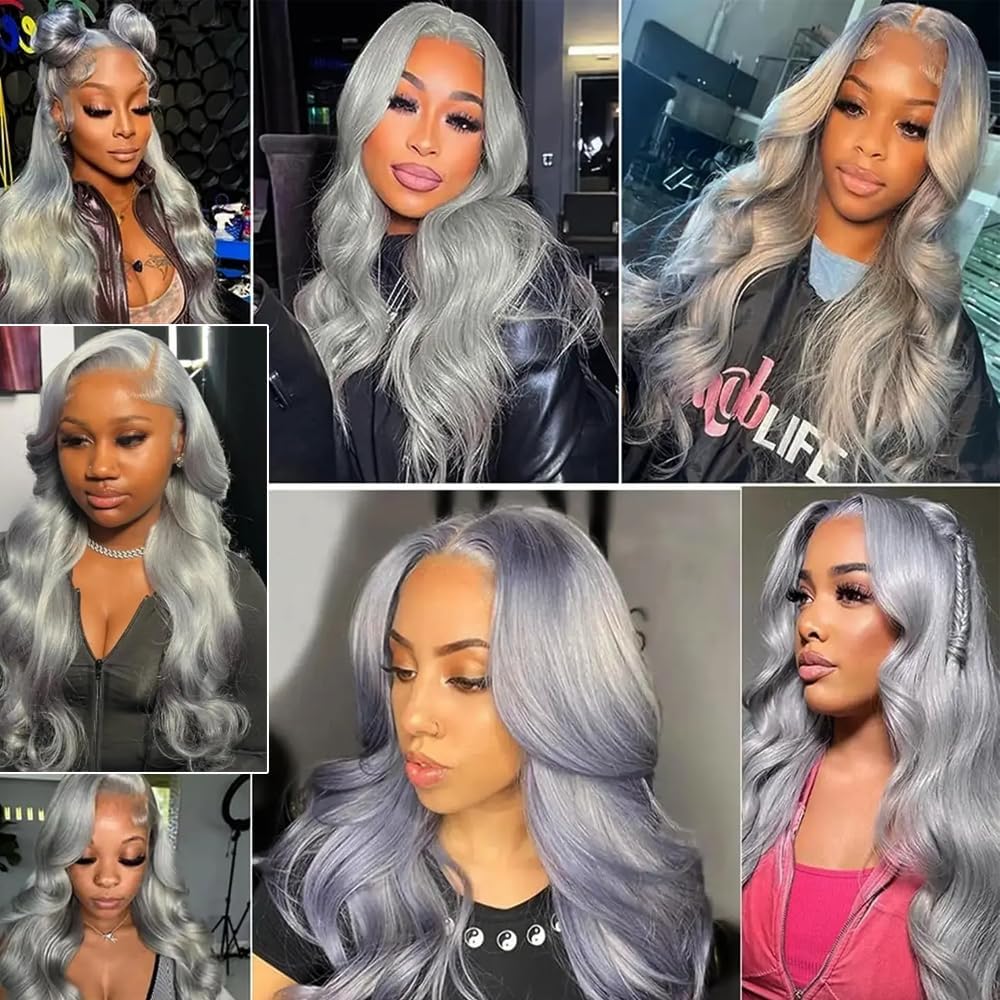 Grey Body Wave Human Hair Bundles 3 Bundles Body Wave Hair Brazilian Virgin Human Hair Extensions Unprocessed Hair Bundles for Women 12 14 16 Inch 300g