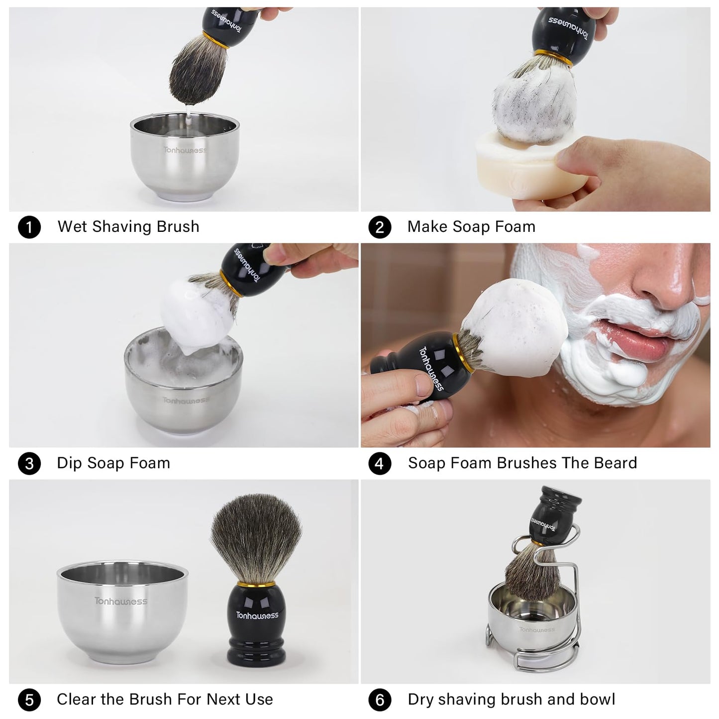Tonhawness Shaving Brush Kit for Men, 4 in 1 Shaving Brushes Set Includes Badger Hair Shave Brush, Stainless Steel Shaving Bowl&Stand and Goat Milk Flavor Shaving Soap