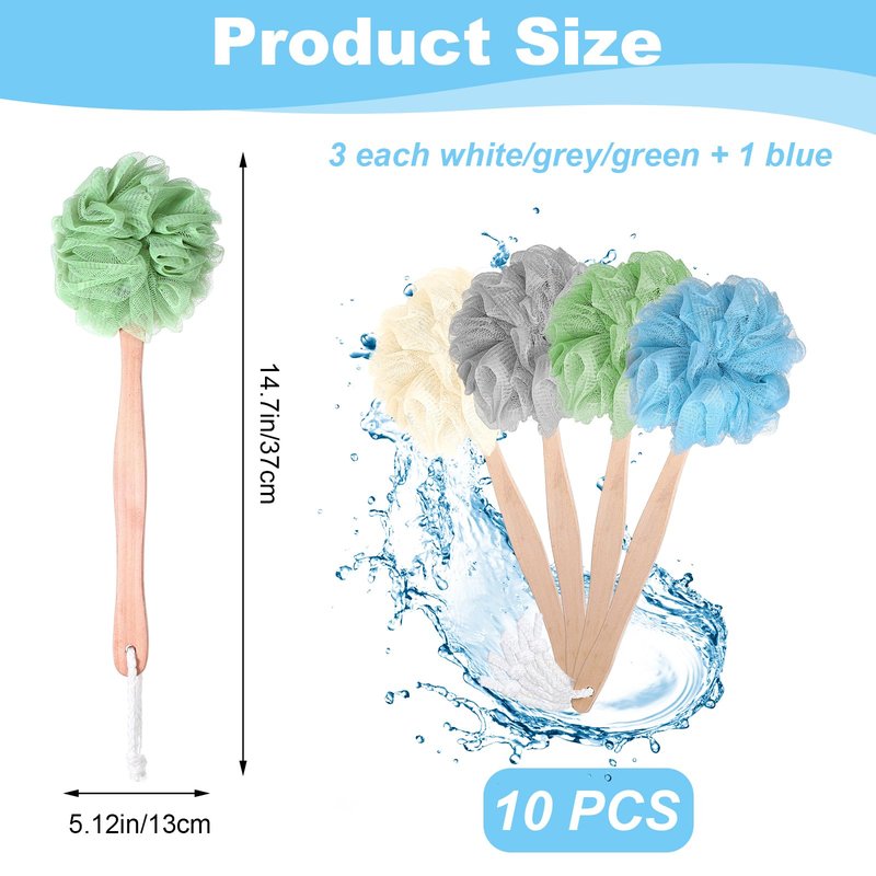 10 Pcs Large Bath Puff Loofah Sponge with Long Handle, Loofah with Handle for Men Women, Back Scrubber for Shower, Exfoliating Body Brush Set - 4 Colors