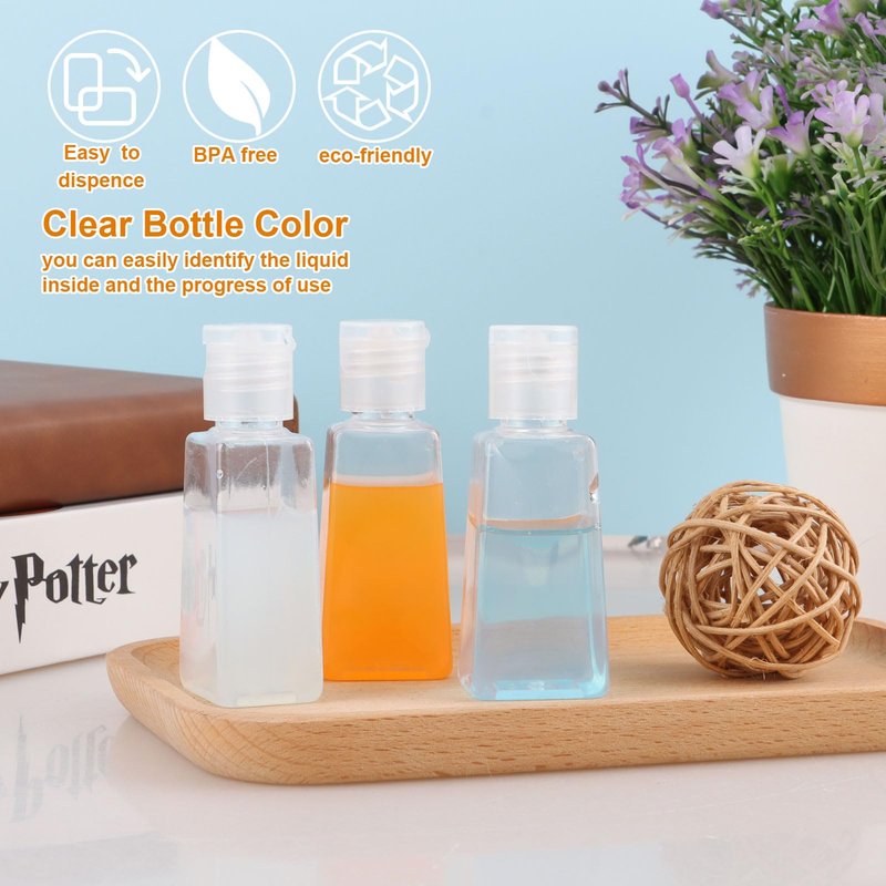 100PCS Travel Size Bottles 1oz Plastic Mini Bottles 30 ml Empty Clear Small Trapezoidal Portable Travel Bottle, Refillable Cosmetic Containers with Flip Cap for Liquid, Lotions, Toner, Body Soap