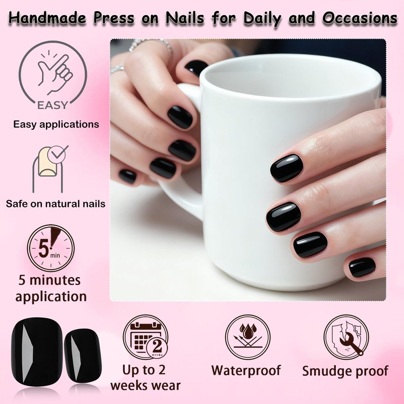 240pc Black Press on Nails Short Squoval Fake Nails with Glue Tabs, Extra Short Nails Press on Nail Square Round Glue on Nail Black Acrylic Nail XS False Nail Women Girls Artificial Fingernails Kit