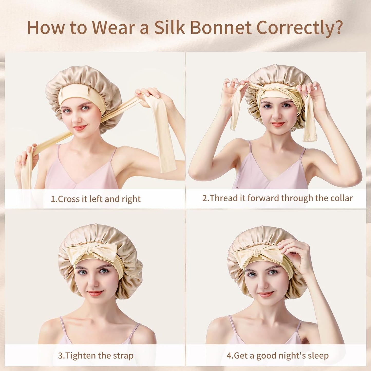 Silk Bonnet for Sleeping | 22 Momme 100% Mulberry Silk Sleep Cap - Double-Layer Reversible Hair Wrap for All Hair Types - Champagne