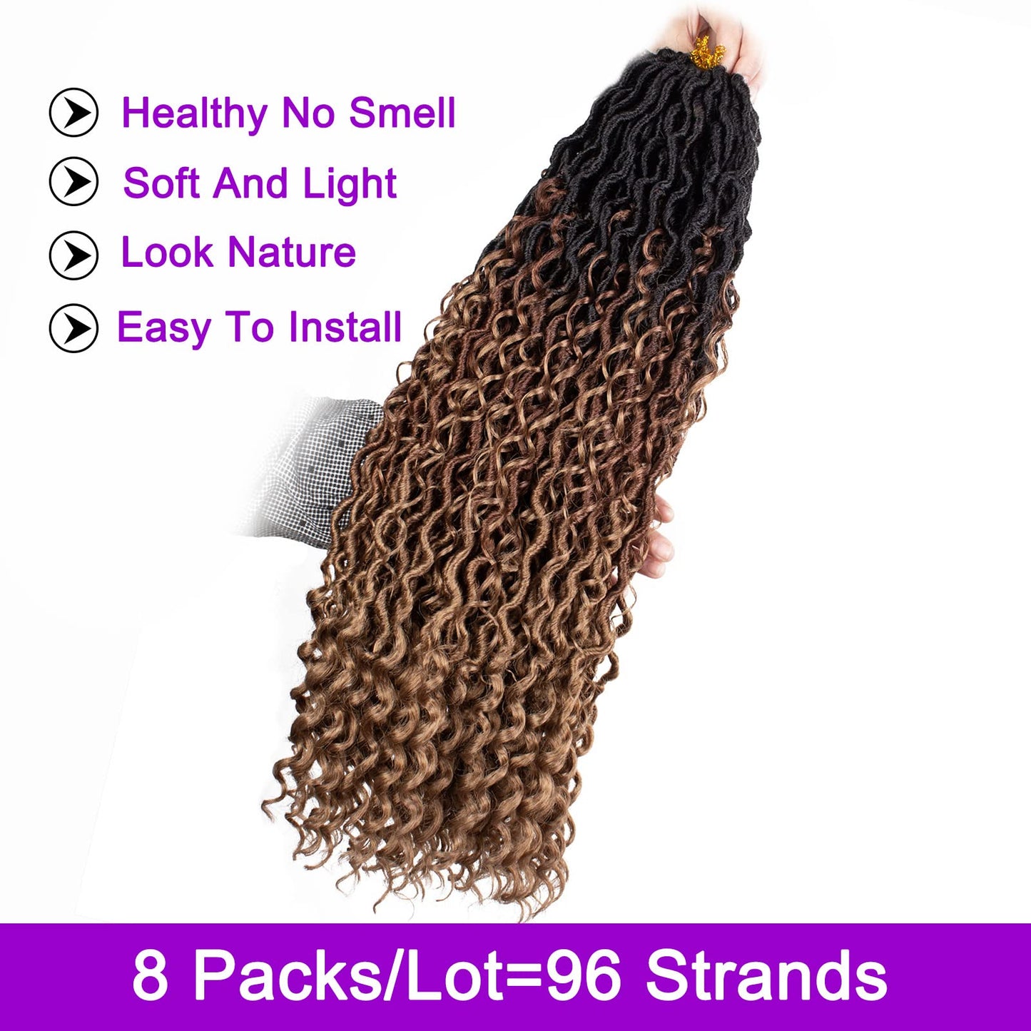 ZRQ 30 Inch Goddess Locs Crochet Hair 8 Packs Ombre Boho Faux Locs Crochet Braids, 3Tone Pre looped Bohmian Locs With Curly End Synthetic Boho River Locs Hair Extension 1B3027#