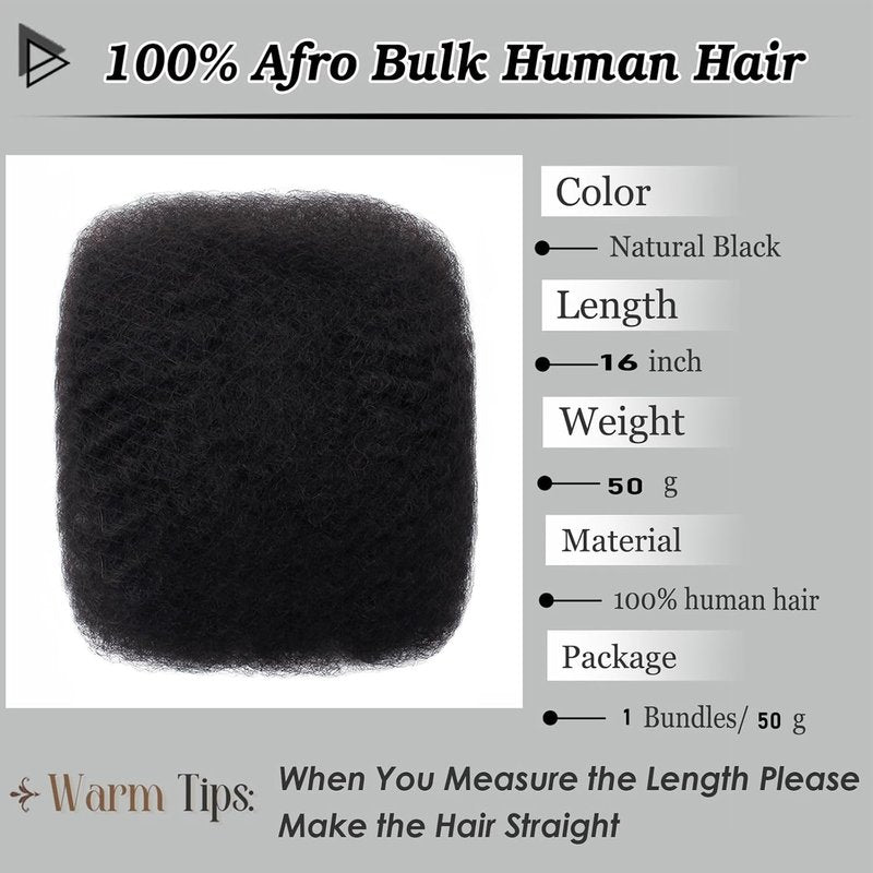 Afro Kinky Curly Human Hair Bulk - 50g 16 Inch Natural Black for Mini Twist, Braiding & Dreadlocks
