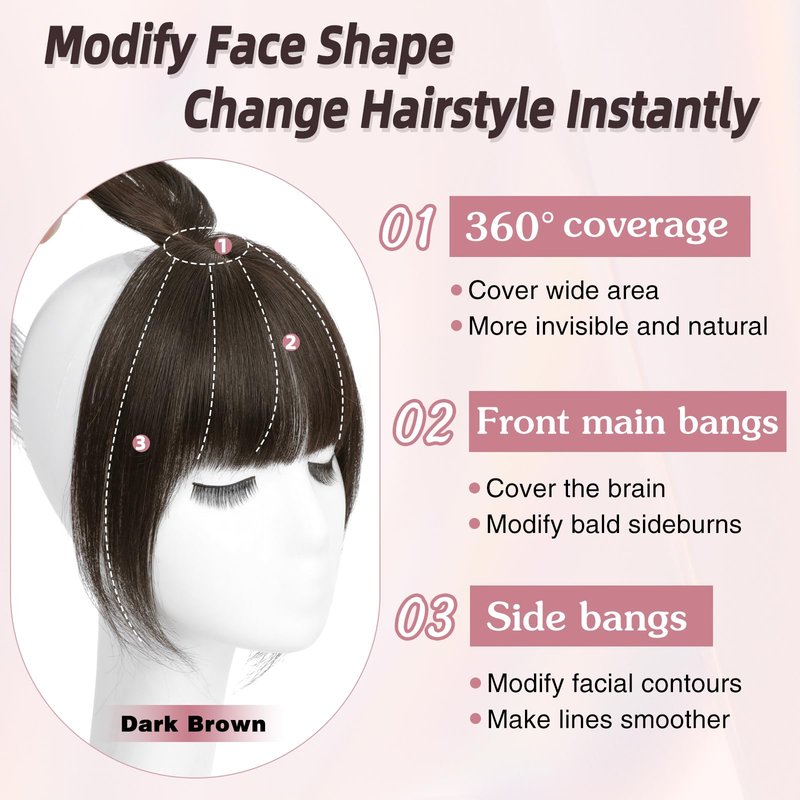 Wirctp Hair Toppers Bangs Hair Clip Real Human Hair 360°3D Cover Clip in Bangs for Woman with Thinning New upgraded realistic scalp Hairpieces for Daily Wear(Dark Brown)