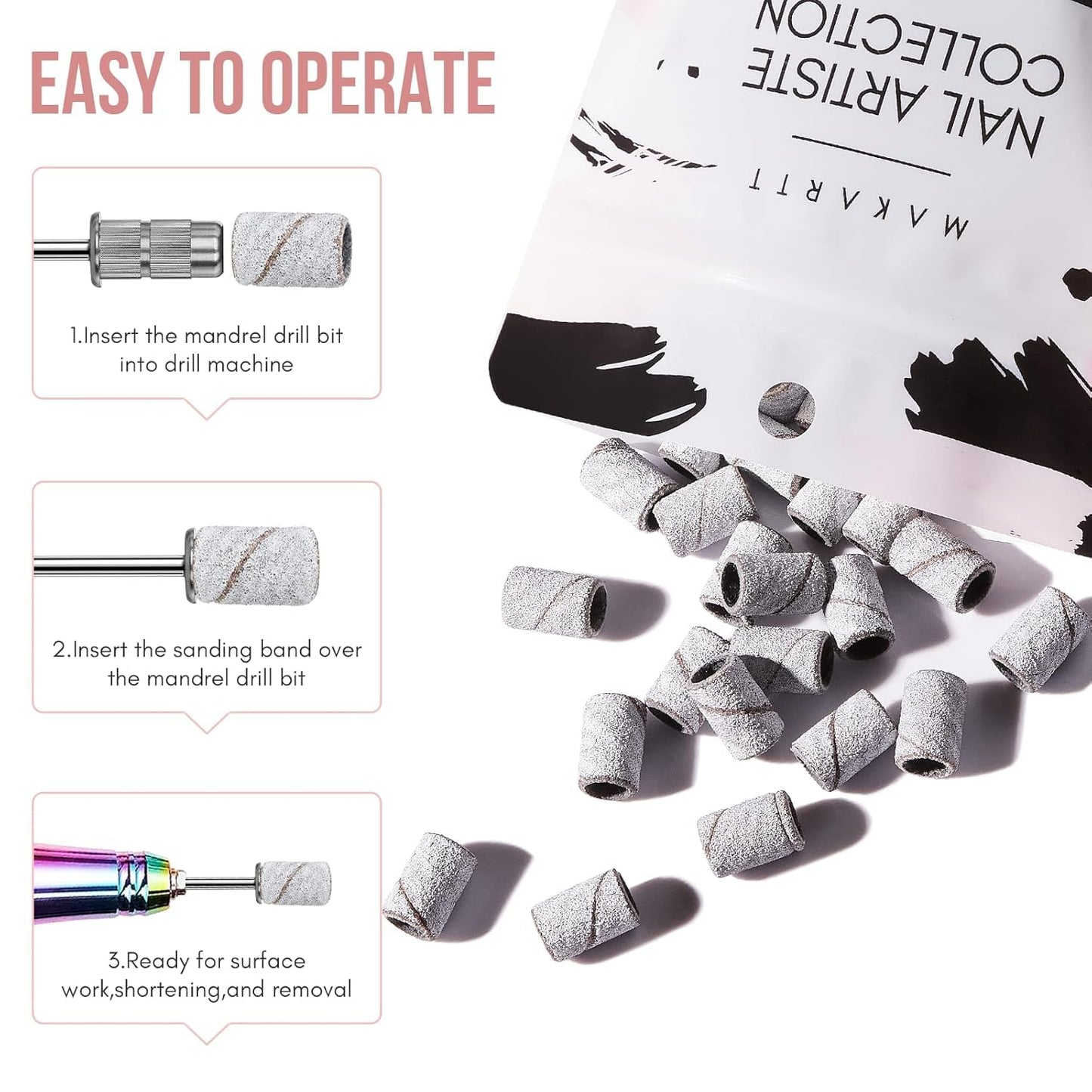 Sanding Bands for Nail Drill - 100 Pcs Medium Grit #180 | Durable Acrylic Nail File Bits, White