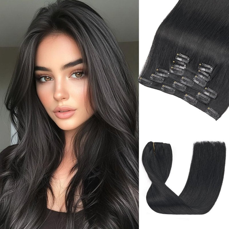 LOVELINE Clip in Hair Extensions Real Human Hair, 100% Remy Human Hair Extensions Clip Ins for Women, 7Pcs 12Inch 85g, Natural Black