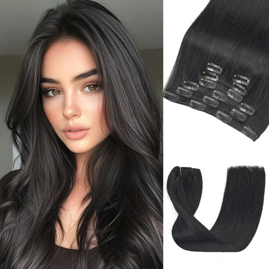 LOVELINE Clip in Hair Extensions Real Human Hair, 100% Remy Human Hair Extensions Clip Ins for Women, 7Pcs 12Inch 85g, Natural Black