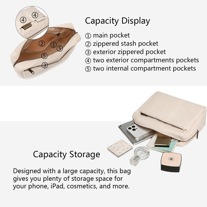 YONBEN Cosmetic Bag Makeup Bag Organizer with Multi-pocket Compartments Lightweight Travel Toiletry Bag for Women Interior and Exterior with Zippered Pockets (Beige)