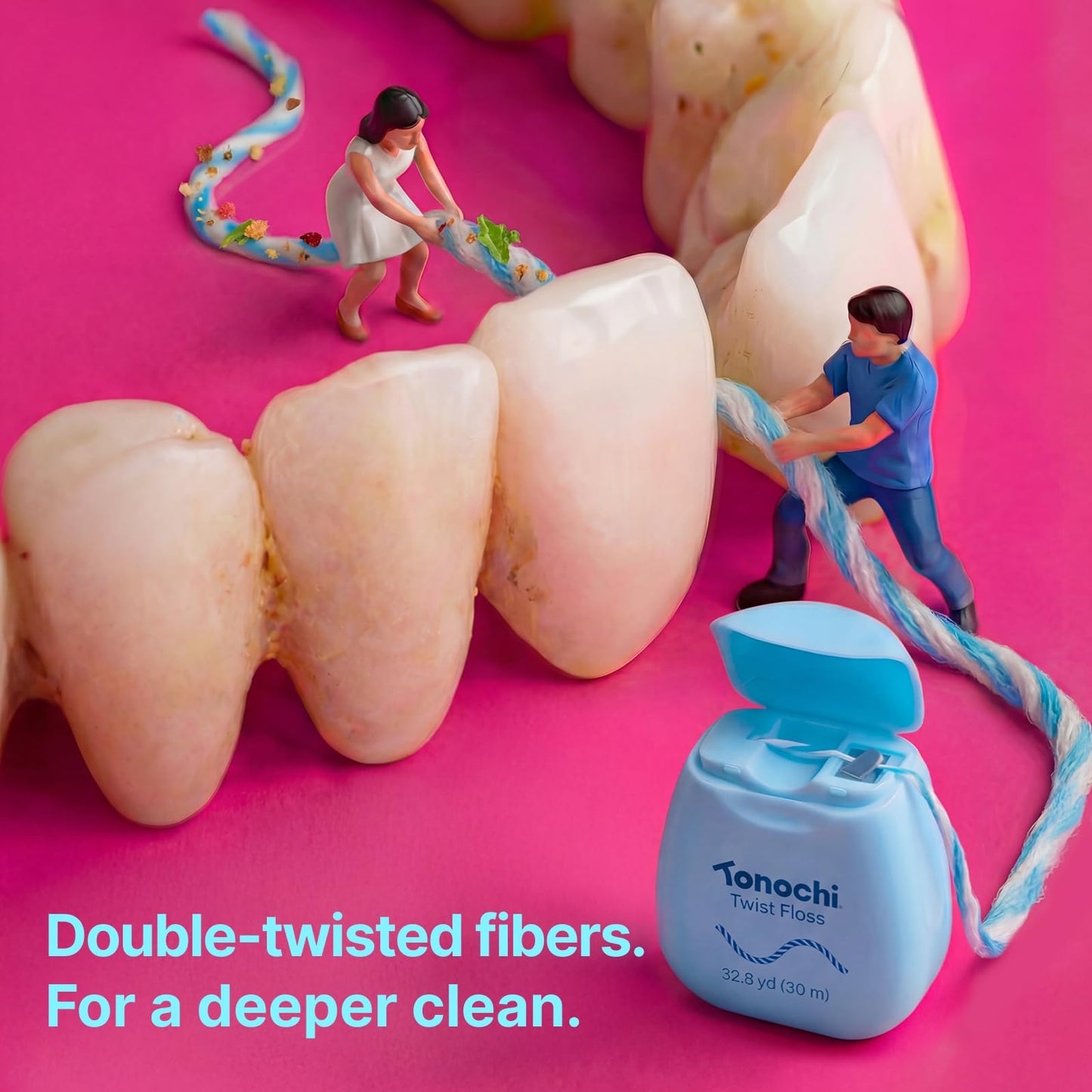 Tonochi Twist Deep Clean Woven Dental Floss for Plaque Removal, Shred-Resistant, PFAS Free, Beeswax Coated, Mint + Xylitol, 3-Pack (33 yd Each)