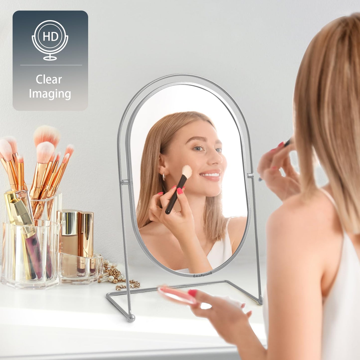 Leafpool Tabletop Vanity Makeup Mirror, 360°Rotation Standing Desk Table Vanity Silver Make up Mirror for Bathroom or Bedroom