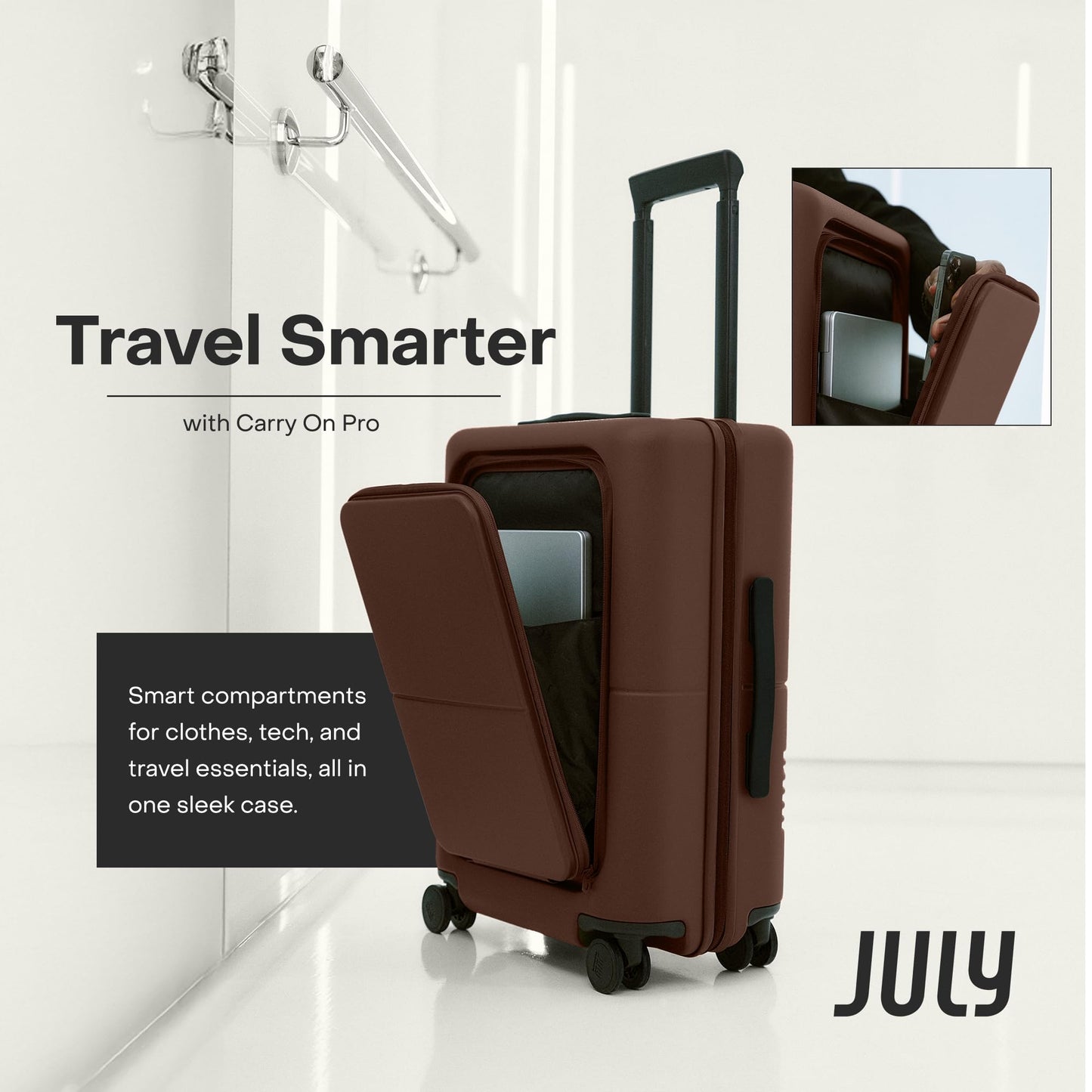 July Carry On Pro - 20" Hardshell with Front Pocket, Airline Approved Carry On Luggage with Wheels, TSA Lock Rolling Suitcase, Silent Spinner Wheels, USB Ports & Ejectable Battery - Dark Brown