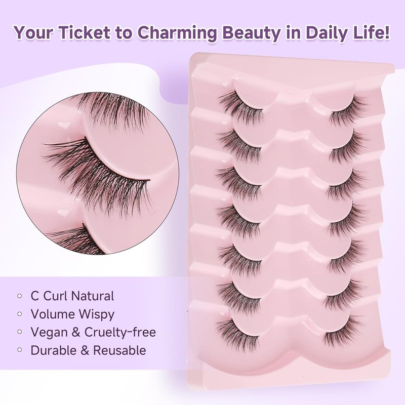 Natural Look Half Eyelashes - 14mm Cat Eye Wispy Lash Strips | 3D Volume Soft C Curl, 7 Pairs