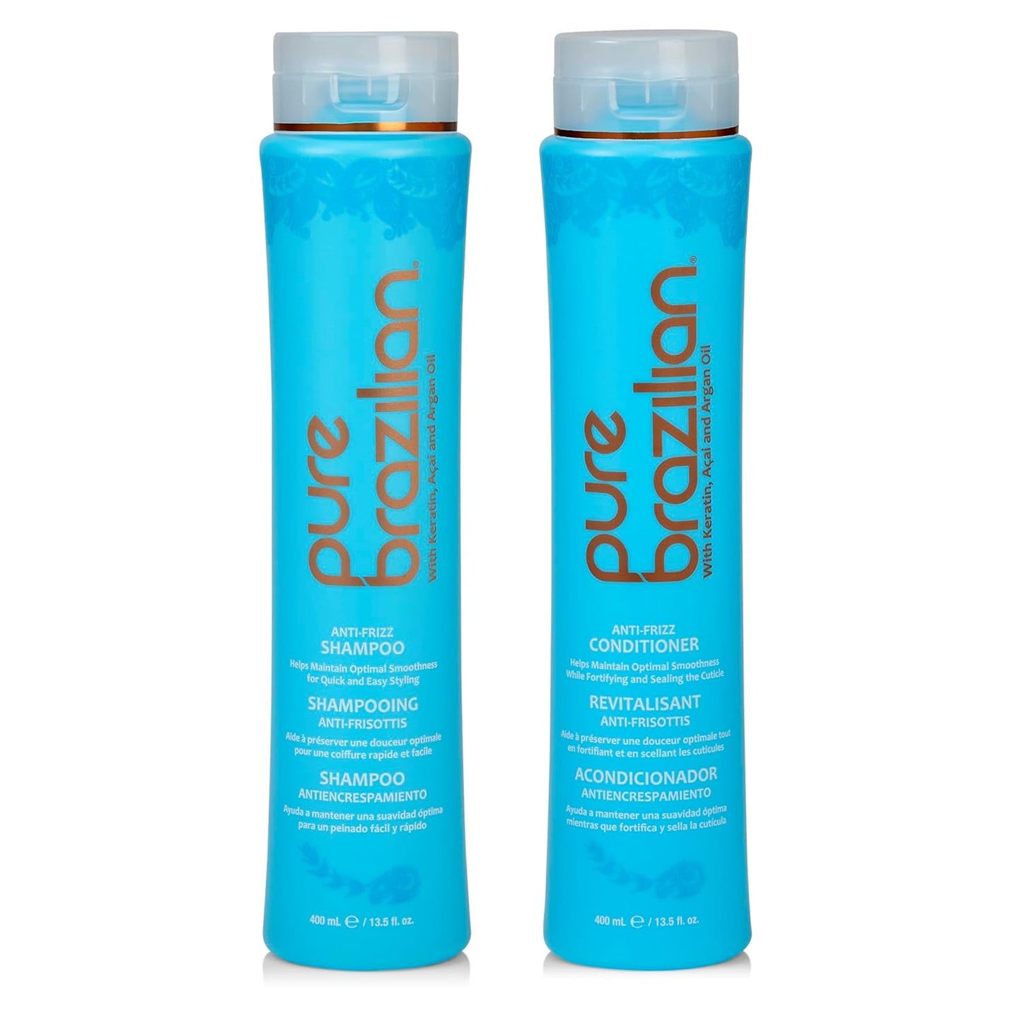 Pure Brazilian Anti-Frizz Shampoo & Conditioner Set - Salt-Free, Color Safe, Enriched with Keratin & Argan Oil | 13.5 Oz (400ml)