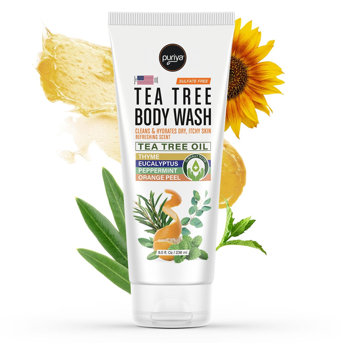 Puriya Tea Tree Body Wash, Use with Jock Itch, Athletes Foot, Body Back Acne Treatment, Moisturizing Natural Wash for Men, Women, Dry Skin, Eucalyptus, Mint Oil Shower Gel Soap