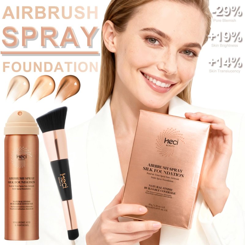 AirBrush Foundation with Nanoscale Powder - HECI BEAUTY Flawless Finish Makeup,Silk Airbrush Spray & Kabuki Brush - Anti-Aging Ingredients for Smooth Radiant Skin,210 Medium,110 Light, 1.69 fl oz