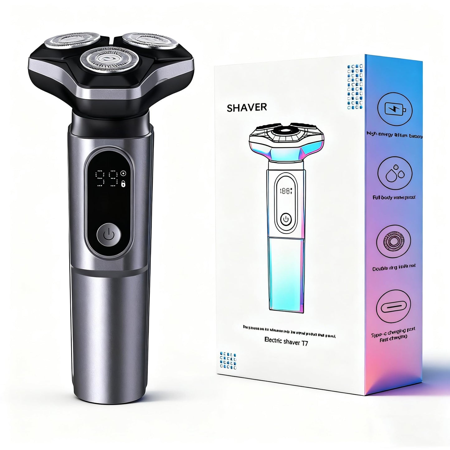 Electric Razor for Men Cordless: Wet/Dry Rotary Shaver Waterproof - USB Fast Charging & Sensitive Skin Care. 3-Blade Rotary Shaving System.LED Display, Travel Lock
