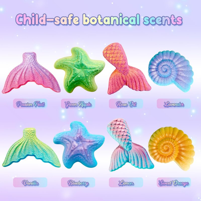Clear&Fresh Mermaid Bath Bombs for Kids with Surprise Toys Inside, 9 Extra Large Bath Salts with Calming and Long-Lasting Scent, Natural Bubble Bath Bombs for Girls Sensitive Skin