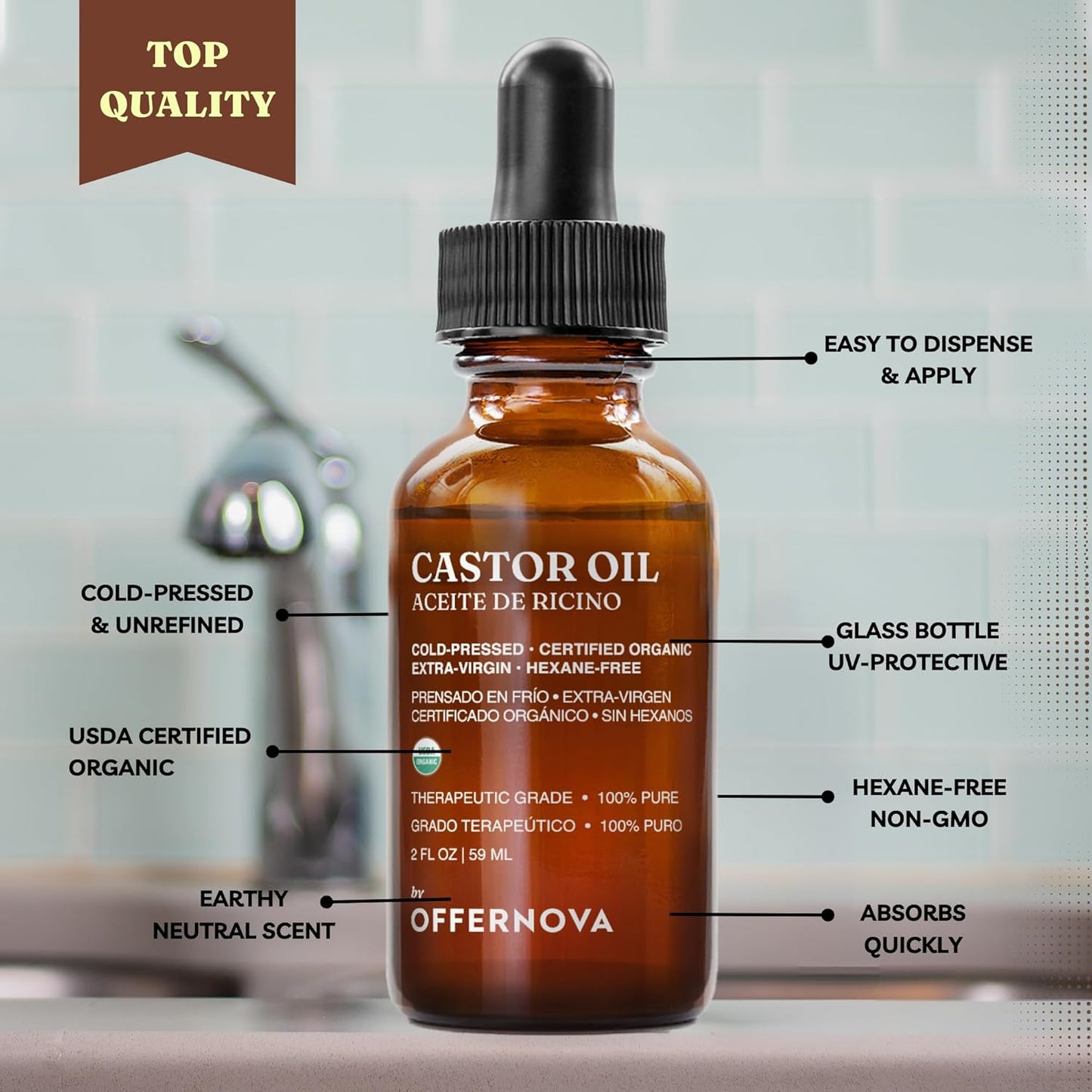 Organic Castor Oil - Pure Cold Pressed Eyelash Serum for Hair Growth | Thicker Eyebrows, Hexane Free