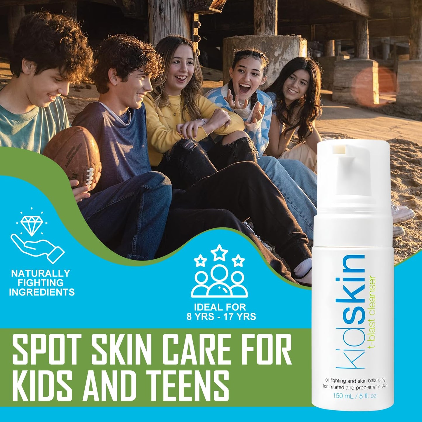 Kidskin T-Blast Facial Cleanser, Gentle Face Wash with Tea Tree Oil, Spot Skin Care for Kids and Teens, Non-Drying Natural Cleanser for Oily or Dry, Acne-Prone Skin, 150 ml 5.0 fl oz.