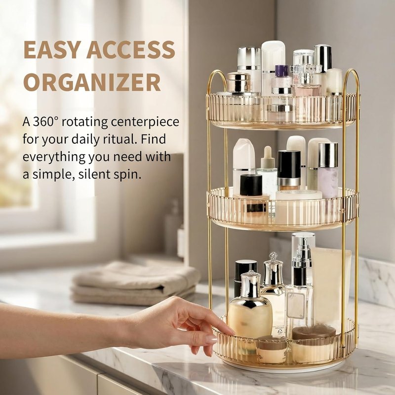 360 Rotating Makeup Organizer - 3-Tier Plastic Spinning Holder for Cosmetics & Toiletries | Large Capacity Countertop Shelf