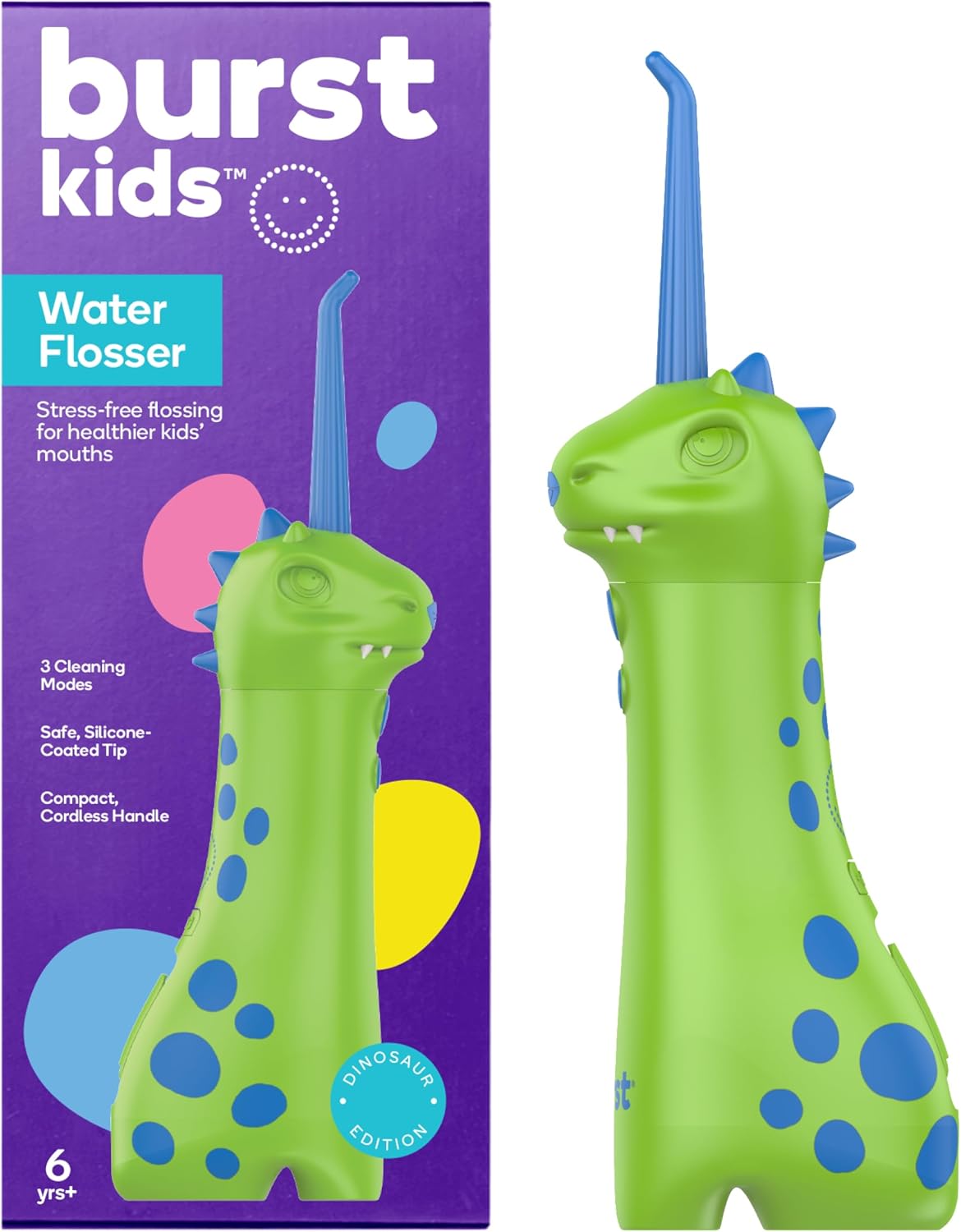 Kids Water Flosser - Cordless Dinosaur Design with 3 Pressure Modes | Braces-Friendly & Safe Silicone Tip | 155mL Tank