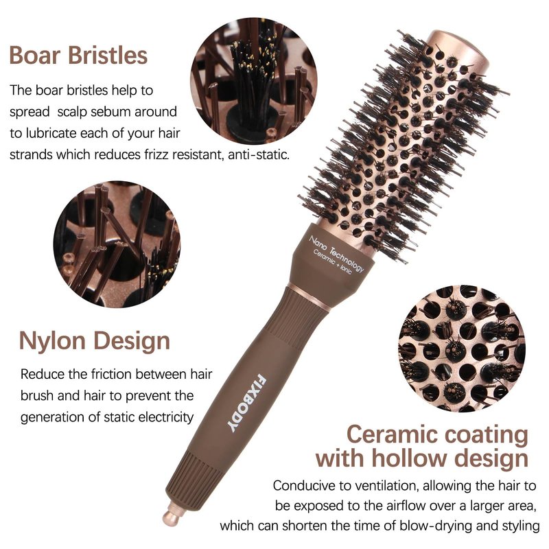 FIXBODY Round Hair Brush with Boar Bristles, Nano Thermal Ceramic, Ionic Tech and Anti-Static, Roller Hairbrush for Blow Drying, Curling, Straightening (2.5 inch, Barrel 1.25 inch)