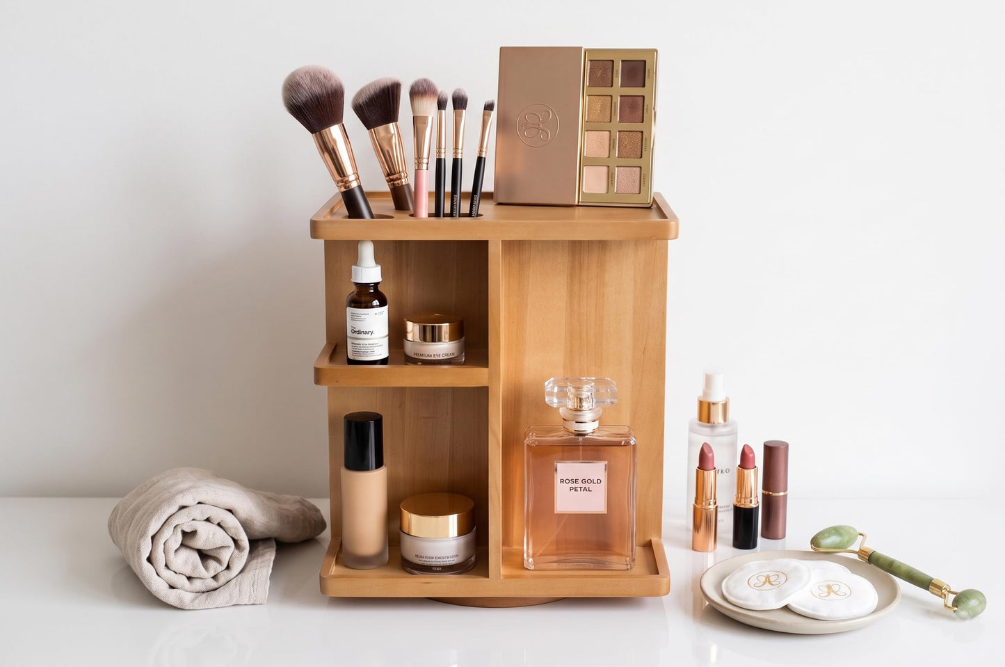 Spiretro Rotating Cosmetic Modular Organizer, Multi-Function Storage, 360 degree Carousel for Makeup, Toiletries, Vanity, Desk, Countertop, Bedroom, Closet, Solid Natural Wood with Acacia Brown