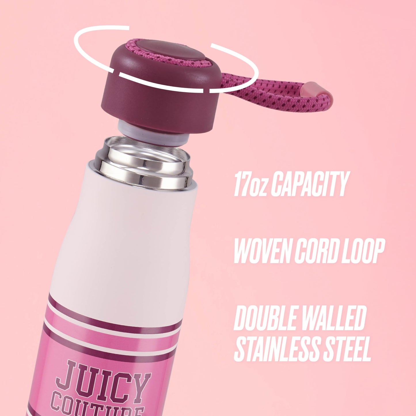 Juicy Couture Luxe Loop Varsity Logo 17oz Water Bottle with Woven Cord Handle, Pink