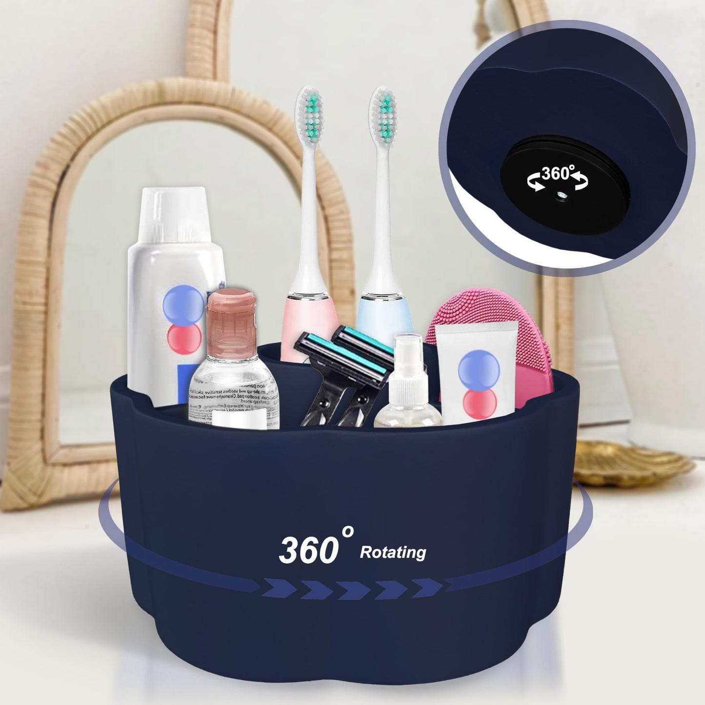 UNICYEEGAR 360° Rotate Makeup Brush Holder, 4 Slot Spin Beauty Tools Organizer, Brush Countertop Display Case, Desktop Storage, Bathroom Vanity Holder, Resin with Navy Blue Rubber Paint.